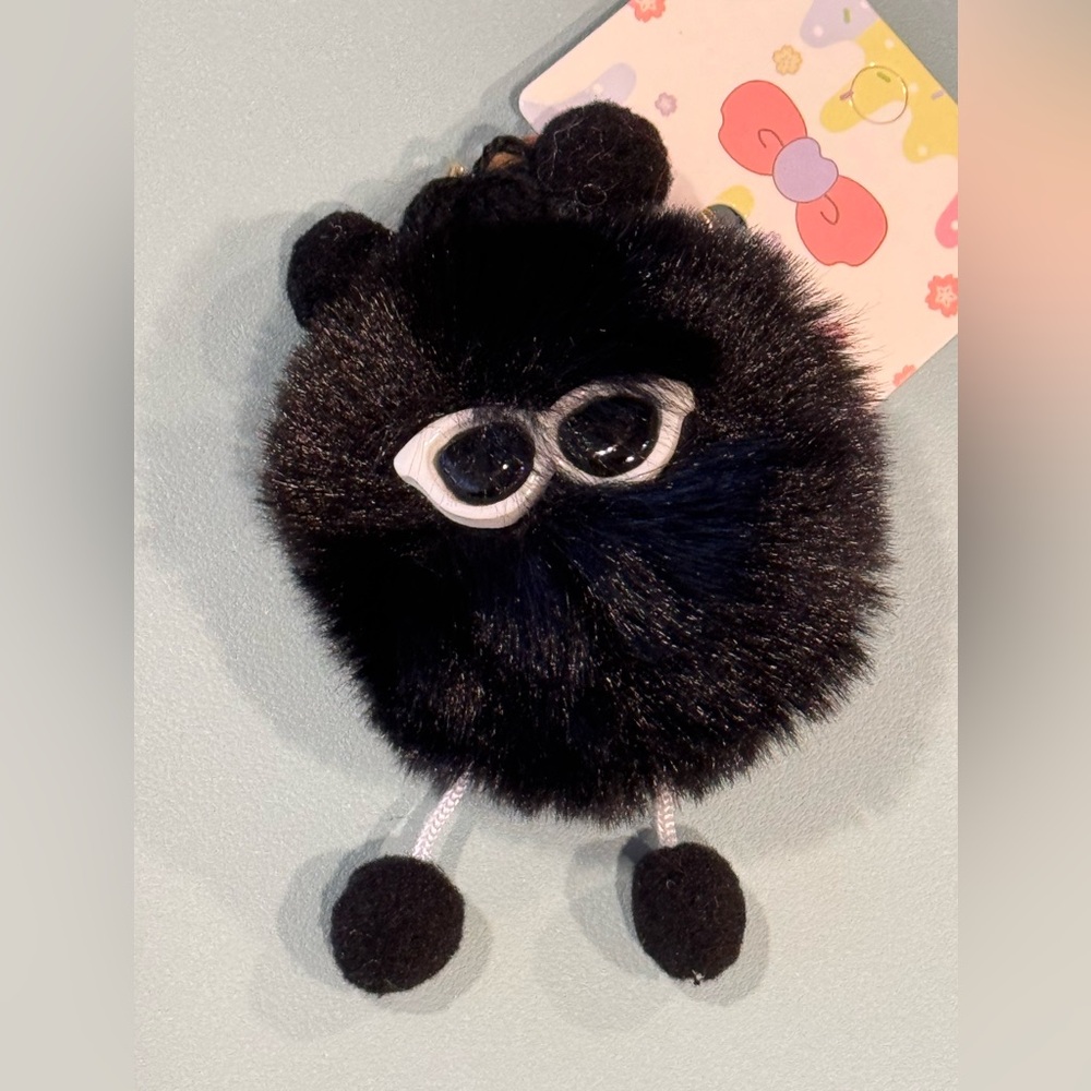 Black Fluffy Pom Pom Plush with Sunglasses Bag Charm Keychain